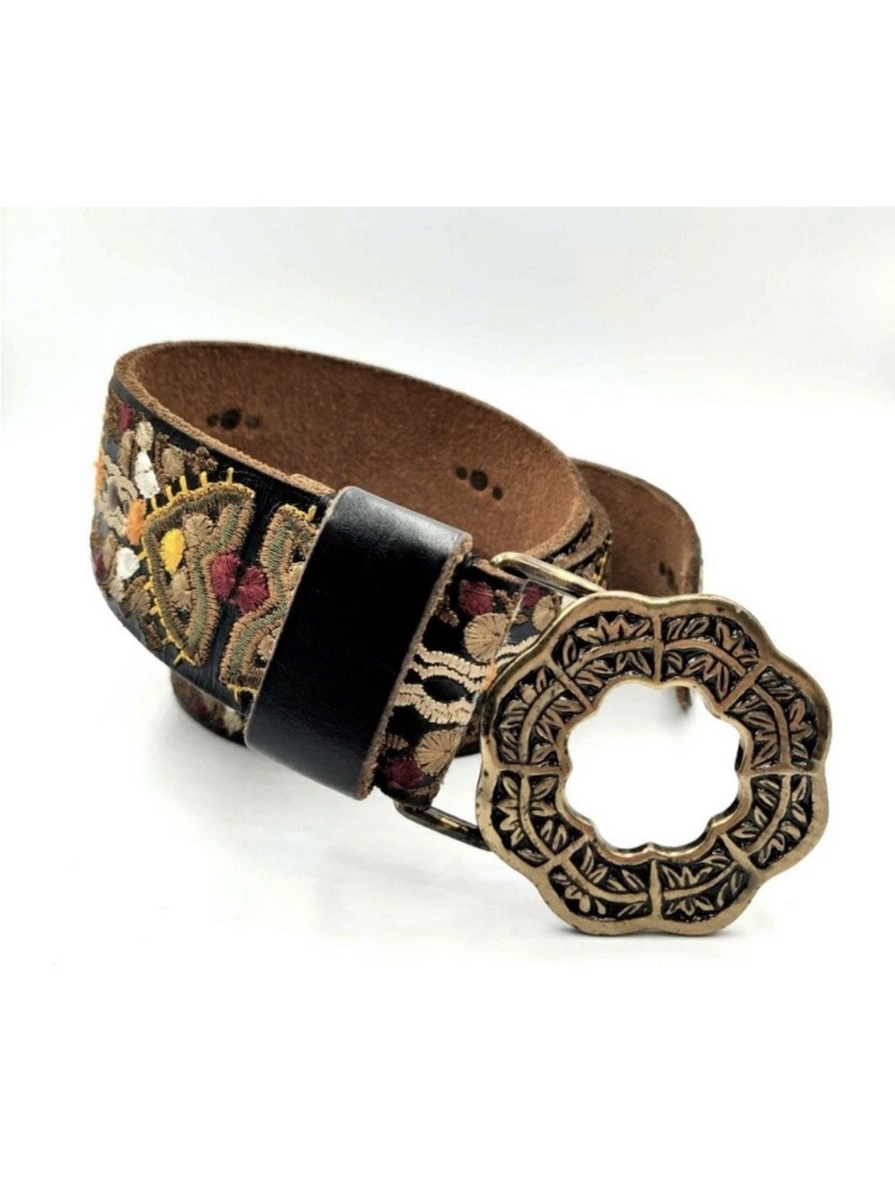 Lucky Brand Embroidered Leather Belt Blue Floral  Buckle Size Medium
